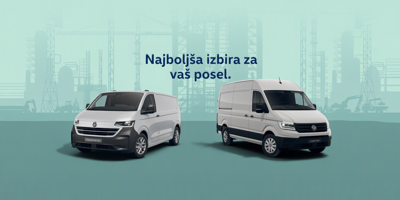 Oglaševalska slika prikazuje dva bela dostavna kombija znamke Volkswagen na modrozelenem ozadju z obrisom industrijskega mesta. Na sredini je napis: »Najboljša izbira za vaš posel.« Kombija sta postavljena drug ob drugem, kot primerjava različnih modelov za poslovno rabo.