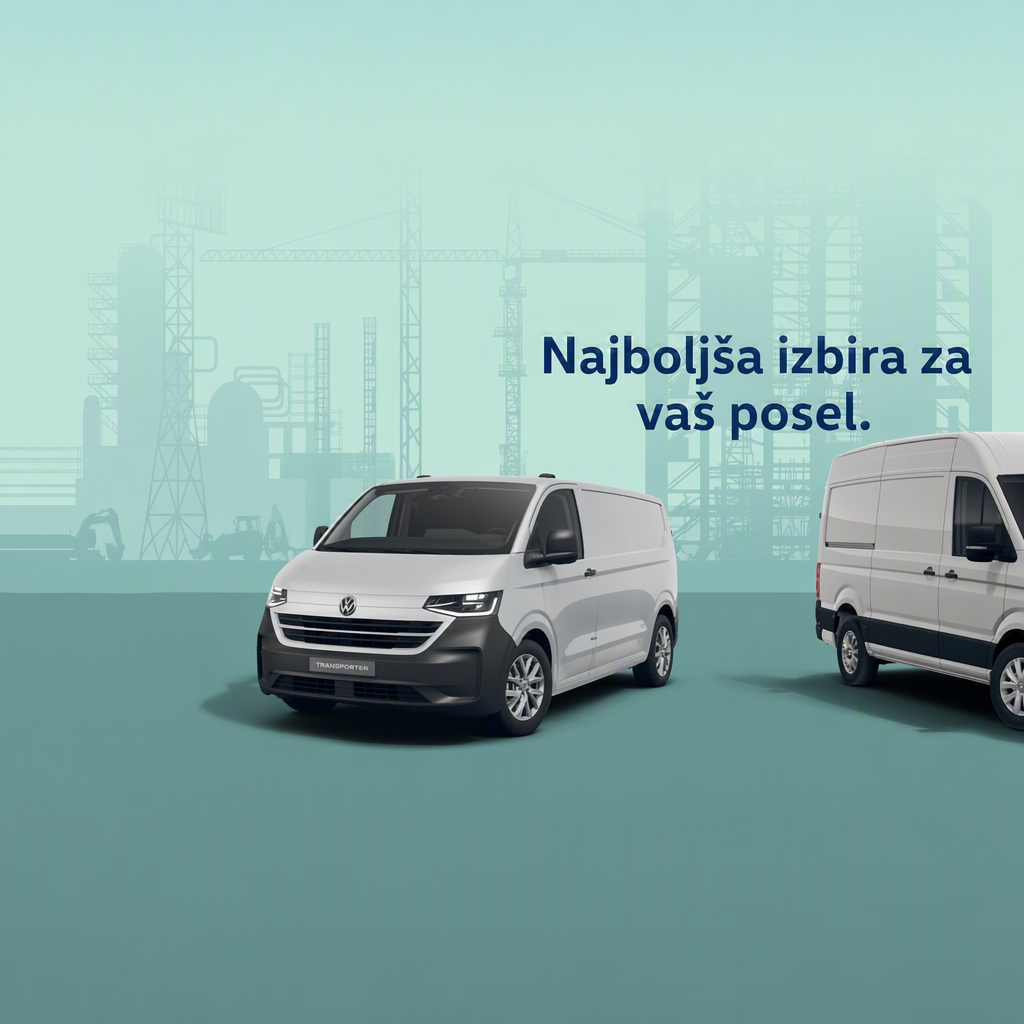 Oglaševalska slika prikazuje dva bela dostavna kombija znamke Volkswagen na modrozelenem ozadju z obrisom industrijskega mesta. Na sredini je napis: »Najboljša izbira za vaš posel.« Kombija sta postavljena drug ob drugem, kot primerjava različnih modelov za poslovno rabo.