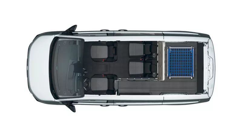 VW Transporter Kombi mit 4 Sitzen, L-Trennwand und Platz einen Rollcontainer
